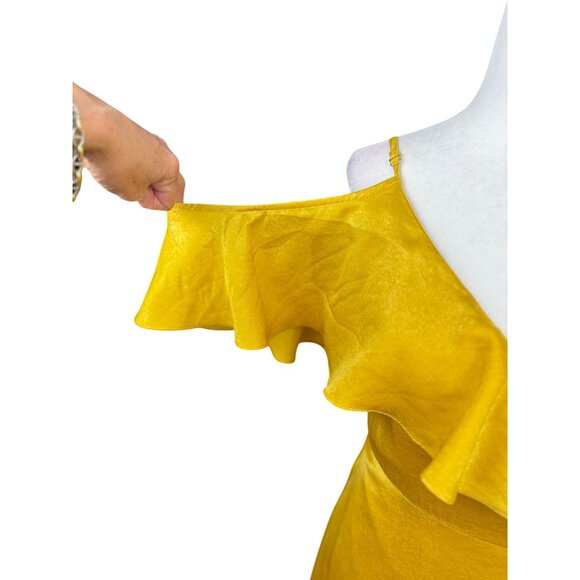 NEW Lulus XL Yellow Ruffled Cold Shoulder Maxi Wrap Satin Dress Formal Gown Chic - Picture 6 of 13